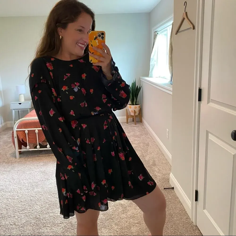 JASON WU Black Rose Floral Long Sleeve Mini Dress 10